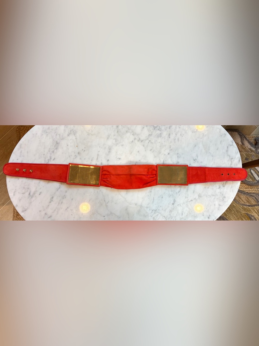 Miss Sixty VTG suede cummerbund belt, disco panels, peg/hole, 4”w, 31-34”, red - Picture 7 of 15